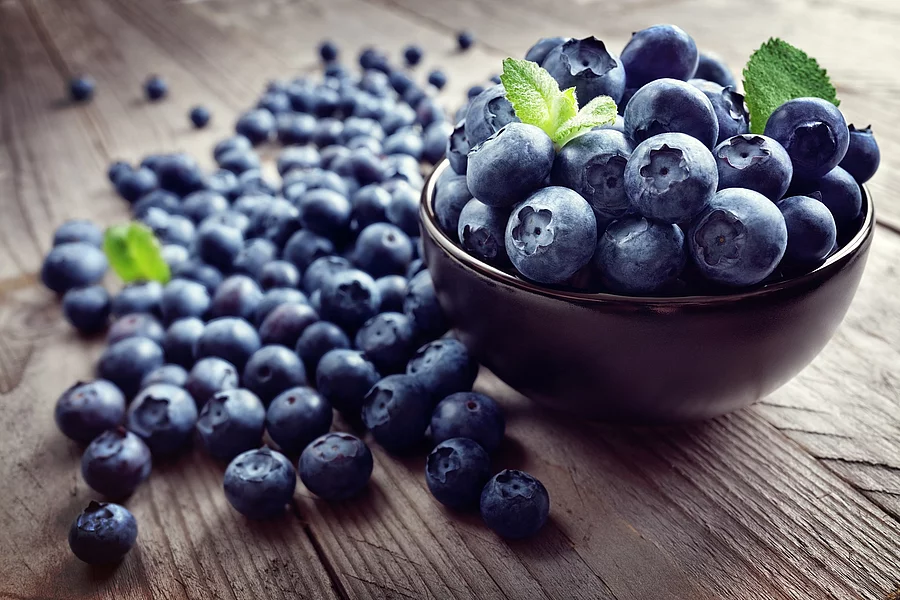 Blueberry antioxidant organic superfood Heidelbeeren in einer Keramikschale