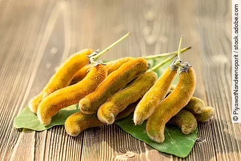 Eine Handvoll Juckbohnen auf einem Holztisch.