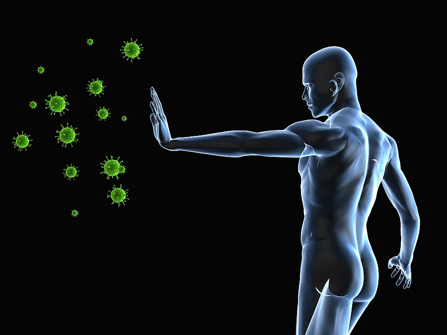 Symbolbild Immunsystem: Stehender Mann wehrt mit seinem Arm Keime ab