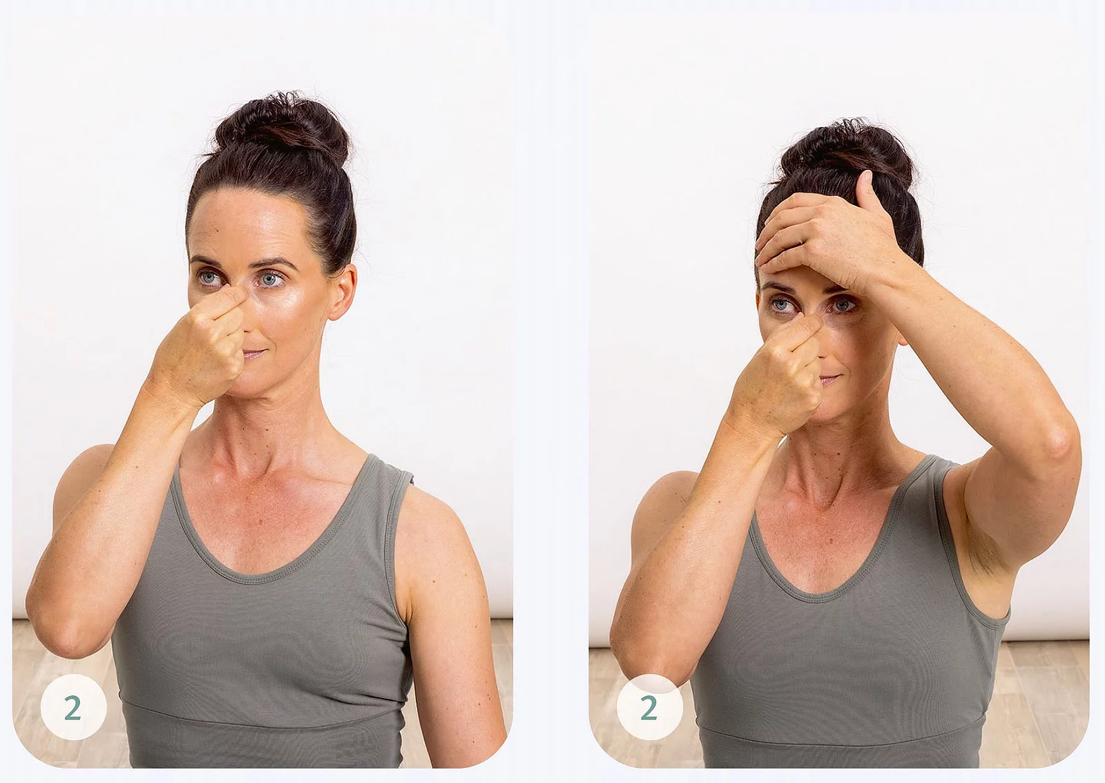 Frau in grauem Tanktop massiert sich das Gesicht