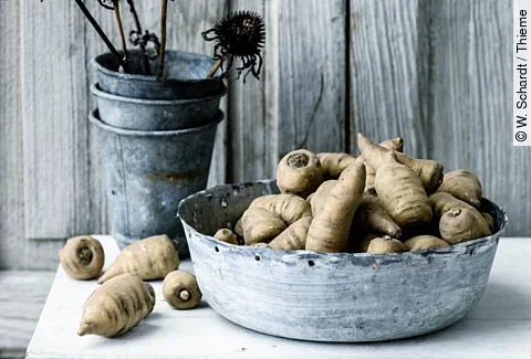Kerbelrüben in einer Metallschale auf weißem Tisch