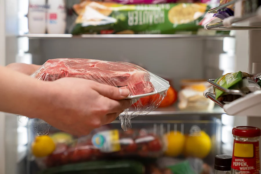 Person hält einen Teller mit rohem Fleisch. Im Hintergrund steht der Kühlschrank.