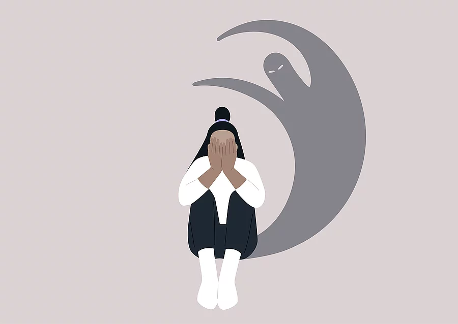 A young female character covering their face with hands, a despe Illustration: Frau sitzt am Boden. Über ihr ein bedrohlicher Schatten.