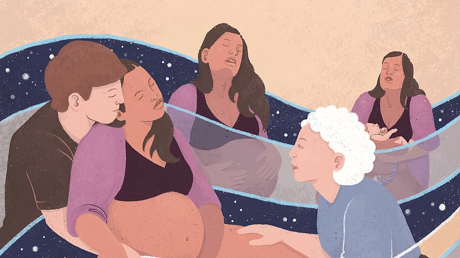 Farbige Illustration von Geburten mit Eltern und Hebamme