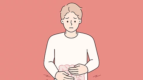 Zeichnung: Man/Junge legt die Hände auf den Bauch und verzieht das Gesicht.