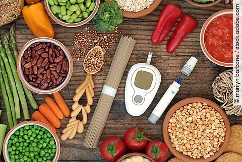 Verschiedene Hülsenfrüchte, Tomaten, Paprika, Möhren, Vollkornnudeln und Blutzuckermessgerät
