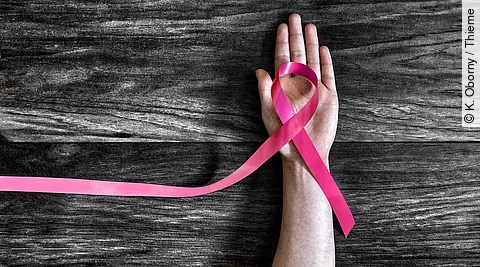 Hand mit Brustkrebsschleife auf dunklem Holzgrund