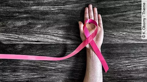 Hand mit Brustkrebsschleife auf dunklem Holzgrund