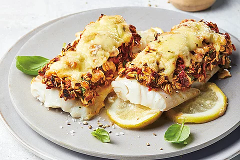 Zitronen-Kabeljaufilet unter mediterraner Knusperkruste