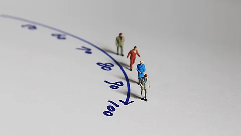 Miniaturmenschen neben einem Zeitstrahl bis 100 Jahre