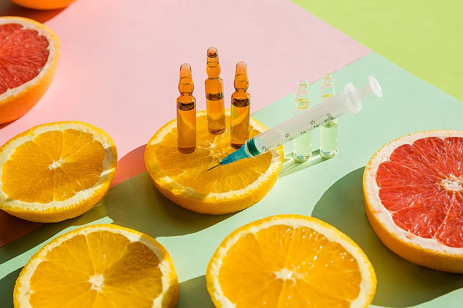 Orangen und Vitamin C Ampullen mit Spritze.