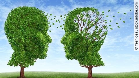 Symbolbild Alzheimer: 2 Bäume in Kopfform, rechts mit wegfliegenden Blättern