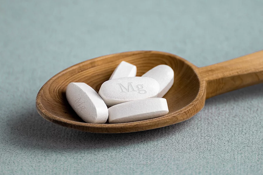 Weiße Tabletten auf einem Holzlöffel