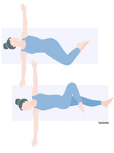 Cartoonzeichnung einer Frau, die die Yoga-Übung Krokodil macht.