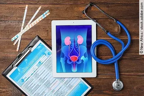 Tablet mit Illustration der menschlichen Nieren liegt zusammen mit einem Stethoskop und Testformular auf einem Tisch. 