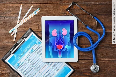 Tablet mit Illustration der menschlichen Nieren liegt zusammen mit einem Stethoskop und Testformular auf einem Tisch. 