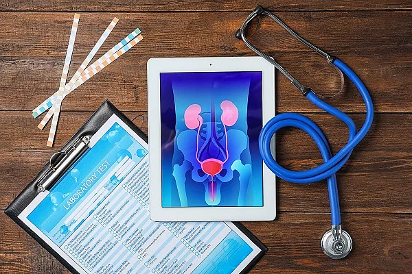 Tablet mit Illustration der menschlichen Nieren liegt zusammen mit einem Stethoskop und Testformular auf einem Tisch.