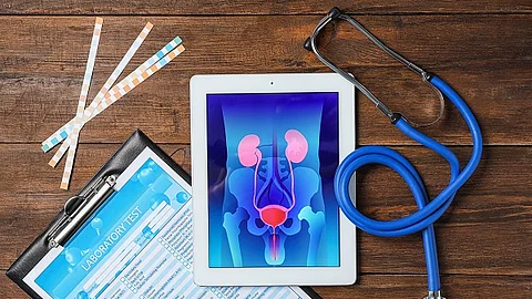 Tablet mit Illustration der menschlichen Nieren liegt zusammen mit einem Stethoskop und Testformular auf einem Tisch.