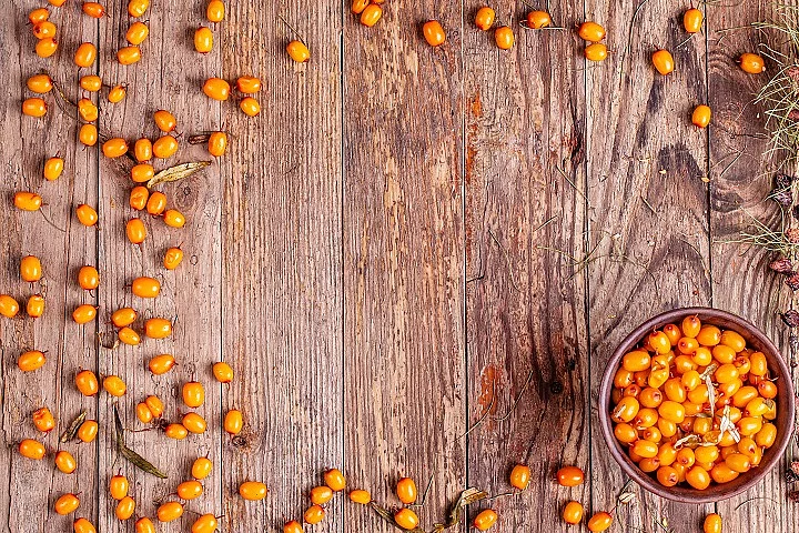 Frame from sea buckthorn with cup on wooden background. Autumn concept. Copy space Superfood, Sanddorn, Ernährung, Immunsystem