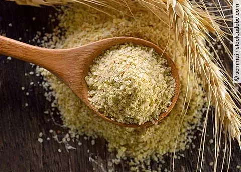 Weizenkeime in einem Holzlöffel. Rechts daneben liegt eine ganze Weizenpflanze.