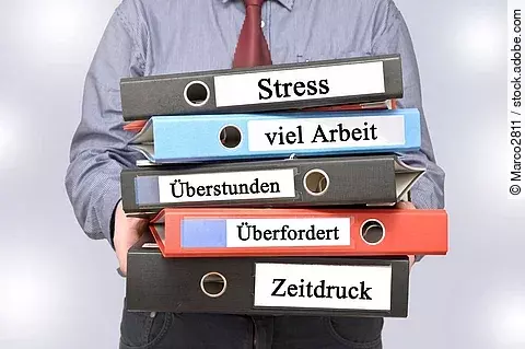 Arbeitnehmer hält Ordner mit den Aufschriften Stress, viel Arbeit, Überstunden, Überfordert und Zeitdruck
