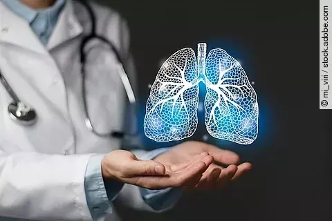 Ärztin hält 3D-Illustration einer Lunge in den Händen. 