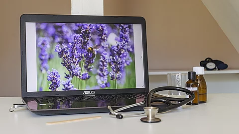 Symbolbild Integrative Medizin: Schreibtisch mit Stethoskop, Laptop mit Lavendel auf dem Screen