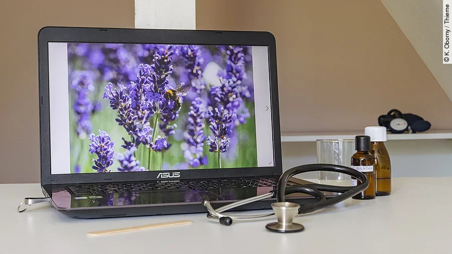 Symbolbild Integrative Medizin: Schreibtisch mit Stethoskop, Laptop mit Lavendel auf dem Screen