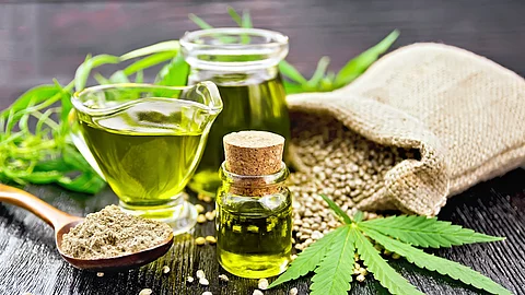 Cannabis-Öl, Cannabisblätter, ein Leinensäckchen mit Cannabissamen auf Holzuntergrund