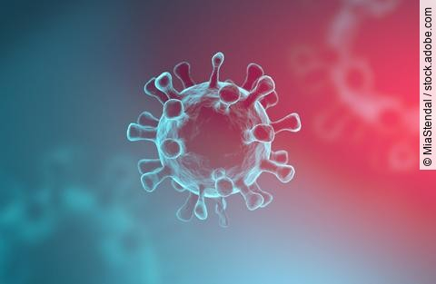 Coronavirus abstrahiert, mit blau-rotem Hintergrund