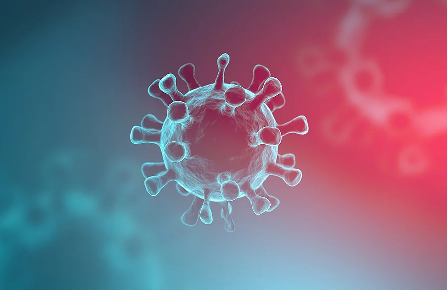 Covid-19, abstraction background with elements of the virus. The Coronavirus auf blauem und rotem Hintergrund