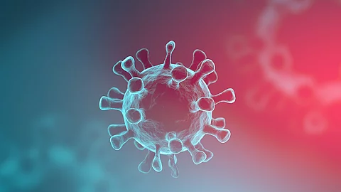 Coronavirus auf blauem und rotem Hintergrund