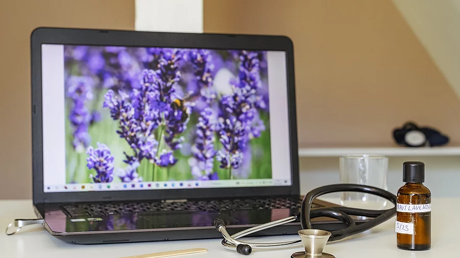Symbolbild Integrativmedizin: Laptop mit Lavendel auf dem Screen, Stethoskop und Braunfläschchen Symbolbild Integrativmedizin: Laptop mit Lavendel auf dem Screen, Stethoskop und Braunfläschchen