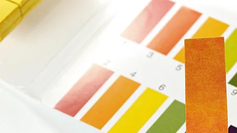 pH Wert Teststreifen mit roter Verfärbung