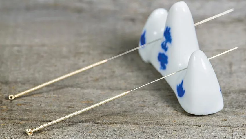 Akupunkturnadeln auf einer Porzellanhalterung