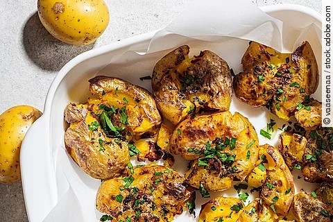 Baked smashed potatoes with herbs in white oven dish, top view.