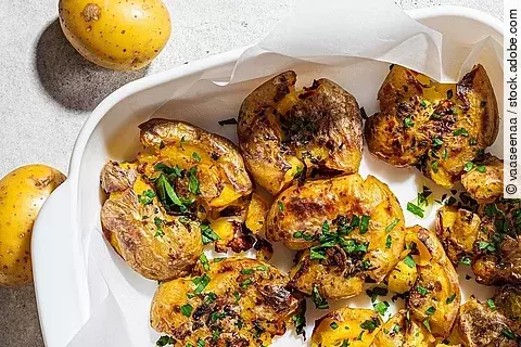 Baked smashed potatoes with herbs in white oven dish, top view.