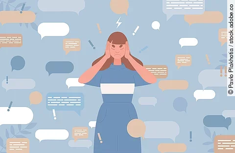 Illustration: Überforderte Frau, bedeckt die Ohren mit den Händen, umgeben von Nachrichtenblasen
