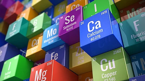 Essential chemical minerals and microelements - 3d render Mineralien, Referenzwert, Ballaststoffe, Magnesium, Pantothensäure