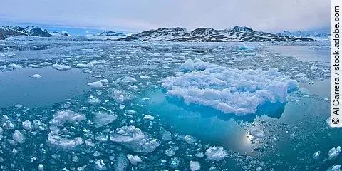 Eisschollen treiben auf dem Wasser. Im Hintergrund sind Erhebungen.
