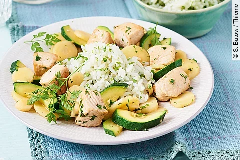 Pastinaken-Puten-Pfanne an Kerbelreis