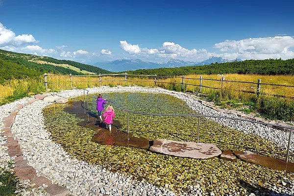 Two kids plunging their legs into and pulling them out of the water to increase well-being and strengthen the immune system Zwei Kinder beim Wassertreten in Berglandschaft
