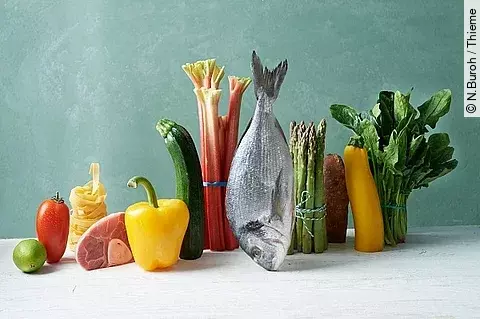 Obst, Gemüse, Fisch, Fleisch, Nudeln