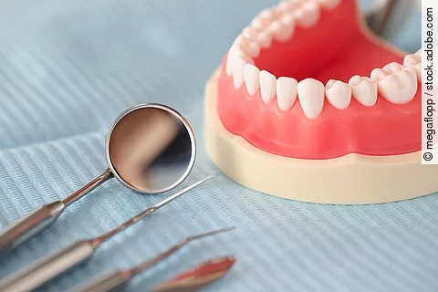 Zahnprothese und Zahnarztinstrumente für die zahnärztliche Behandlung.