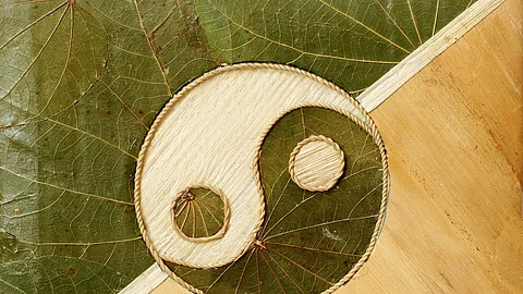 Ying-Yang Symbol aus getrockneten Blättern.