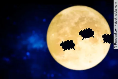 Nachthimmel mit Vollmond und Schäfchen; Schäfchenzählen