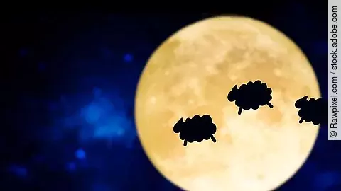 Counting sheep silhouette over a full moon Nachthimmel mit Vollmond und Schäfchen; Schäfchenzählen
