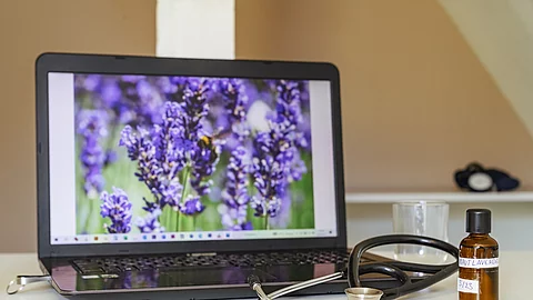 Symbolbild Naturheilkunde, Monitor mit Lavendel auf der Startseite, Stethoskopl