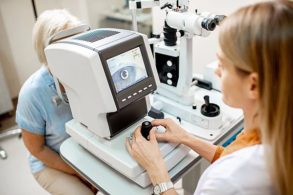 Augenärztin kontrolliert das Auge einer Patientin durch ein Messgerät.