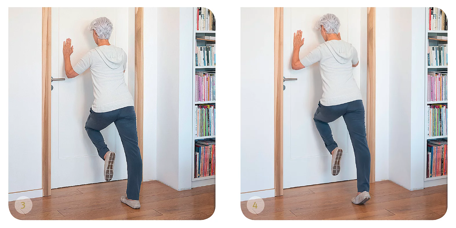 Seniorin macht Übungen an einer Tür.